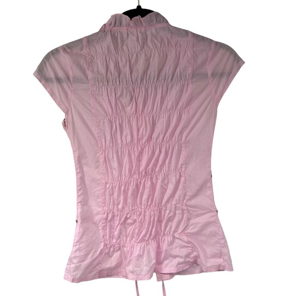 Vintage Y2K Pink Ditsy Floral Embroidered Ruffle Button Up Short Sleeve Blouse - Picture 2 of 4